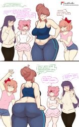 4girls ass big_ass big_breasts breasts bubble_butt chubby chubby_female clothing cosplay dat_ass dialogue doki_doki_literature_club fat_ass female female_only huge_ass large_ass lewddoodler mei_(overwatch)_(cosplay) monika_(doki_doki_literature_club) natsuki_(doki_doki_literature_club) orange_hair pink_hair png purple_hair sayori_(doki_doki_literature_club) text thick_ass thick_thighs wide_hips yuri_(doki_doki_literature_club)