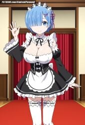 1girls ai_generated aindroidparanoid ass big_breasts blue_eyes blue_hair busty cleavage curvy dress fat_ass female female_only hips huge_ass huge_breasts indoors large_breasts maid maid_headdress maid_outfit maid_uniform re:zero_kara_hajimeru_isekai_seikatsu rem_(re:zero) short_hair skirt solo stable_diffusion voluptuous wide_hips