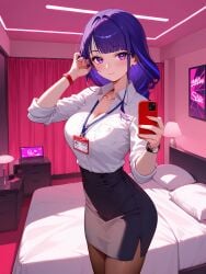 absurd_res ai_generated ass blush bra_peek braid brown_pantyhose collared_shirt cowboy_shot female genshin_impact indoors lanyard looking_at_viewer ministro nightclub office_lady raiden_shogun selfie sleeves_rolled_up solo