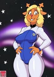 ai_generated anthro av-10 buckteeth cervid clothed clothing deltarune detailed_background female hands_on_hips hi_res looking_at_viewer mammal noelle_holiday smile solo space spacesuit standing star teeth tight_clothing