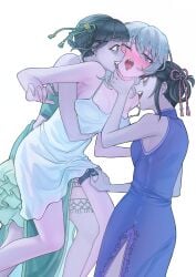 3girls absurdres bare_arms black_hair blue_dress blush breasts china_dress chinese_clothes chinese_commentary commentary_request dress fff_threesome green_dress grey_hair group_sex highres large_breasts licking licking_another's_face multiple_girls muwei_(v0ptr) oerba_yun_fang open_mouth original remote_control_vibrator sex_toy side_slit simple_background smile strangling threesome tongue tongue_out vibrator vibrator_cord vibrator_in_thigh_strap white_background white_dress yuri