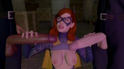 3d barbara_gordon batgirl batgirl_(gotham_knights) batman_(series) captured damsel_in_distress dc dc_comics dual_handjob gotham_knights handjob imminent_oral police police_uniform scared_expression