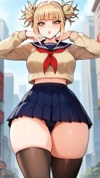 ai_generated blonde_hair fully_clothed large_breasts my_hero_academia outdoors overflowing_thighs panties scar skirt stockings thick_thighs thighs toga_himiko