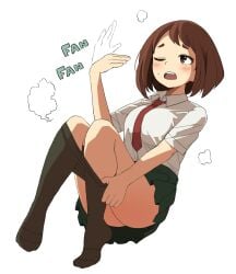 ass_visible_through_thighs blush breasts brown_eyes brown_hair fanning_self feet green_skirt medium_breasts my_hero_academia necktie no_panties ochako_uraraka one_eye_closed open_mouth pantyhose pantyhose_pull school_uniform short_hair short_sleeves skirt sweatdrop tennosuke_(tejons) thighs undressing