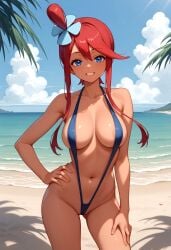 1girls ai_generated blue_eyes breasts dark-skinned_female dark_skin female gym_leader hair_ornament hand_on_hip nintendo nude nude_female pikkiwynn pokemon red_hair skyla_(pokemon) sling_bikini swimsuit