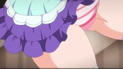 blue_dress hiiragi_kururu legs_open mankitsu_happening panties red_and_white_panties striped_panties thick_thighs