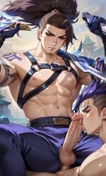 ai_generated alexaarrt bara big_ass big_balls big_penis blowjob gay gay_anal gay_blowjob gay_domination gay_male gay_sex hi_res league_of_legends male/male male_focus male_only penis penis_in_ass riot_games sett sperm yaoi yasuo