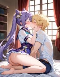 1boy 1girls aether_(genshin_impact) ai_generated bedroom horny_female keqing_(genshin_impact) long_hair mihoyo pleasure_face sex straight