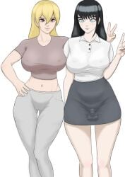 1futa 1girls big_breasts black_hair blonde_hair bulge crop_top female fully_clothed futa_on_female futanari mordi pants shirt skirt small_penis tight_clothing