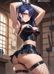 ai_generated big_ass big_breasts blue_eyes bondage chains choker cleavage corset dungeon emo fishnets goth goth_girl miniskirt purple_hair thick_thighs