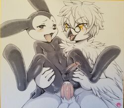 anal anal_sex anthro avian bird black_fur black_skin creampie disney duo fuzzwolfy gay interspecies kolache_owl_(character) long_ears male male_only oswald_(character) oswald_the_lucky_rabbit penis tagme yaoi