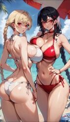 2girls ai_generated almost_naked ass beach black_hair blonde_hair breast_to_breast earrings large_breasts long_hair ocean outdoors red_eyes red_lipstick red_swimsuit shiny_skin thick_thighs umbrella white_swimsuit