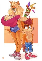 aku_aku big_breasts blonde_hair cleavage crash_(series) crash_bandicoot doppledadko ear_piercing large_breasts tawna_bandicoot top_heavy