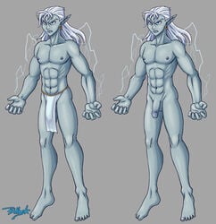 1boy 5_fingers abs angry barefoot blue_eyes blumagik bottomwear bulge clothed clothing corruption_of_champions djinn ear_piercing electricity fan_character feet fingers flaccid front_view genie genitals grey_body grey_skin hair hi_res humanoid humanoid_genitalia humanoid_penis humanoid_pointy_ears jewelry lamp_djinn loincloth male male_only muscular muscular_humanoid muscular_male navel nude off/on original_character penis piercing pointy_ears portrait simple_background skimpy solo solo_male standing text toes topless white_hair