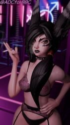 3d adcforbbc annoyed annoyed_expression black_hair black_lipstick goth league_of_legends lingerie nipple_piercing riot_games smoking xayah