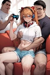 1girls 2boys 2boys1girl ai_generated angry_expression angry_face asuka_langley_sohryu blue_eyes blush female freiz_ai light-skinned_female light-skinned_male masturbation neon_genesis_evangelion orange_hair playing_videogame red_hair school_uniform schoolgirl twintails underpants