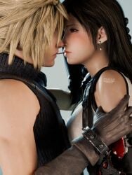 1boy1girl 3d almost_kissing arm_grab bare_arms black_hair blonde_hair blush breast_press_on_chest cloud_strife earrings eyes_half_open female final_fantasy final_fantasy_vii final_fantasy_vii_remake foerequiems gloves grabbing_arm human human_only intimate light-skinned_female light-skinned_male light_skin long_hair looking_at_partner male male/female short_hair square_enix tifa_lockhart