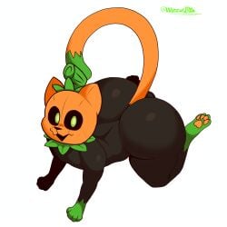 2024 acstlu ass balls big_butt black_body bubble_butt cartoonwizzard domestic_cat elemental_creature felid feline felis flora_fauna food food_creature for_a_head genitals green_body hi_res huge_ass male nude orange_body orange_tail plant pumkat solo tail white_background