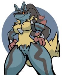 anthro big_breasts black_body black_eyes black_fur black_markings blue_background blue_body blue_fur breasts dima_(artist) eyelashes featureless_breasts female front_view fur generation_6_pokemon genitals gloves_(marking) hand_on_hip hi_res markings mega_evolution mega_lucario nintendo nude orange_sclera pokemon pokemon_(species) pussy red_body red_fur simple_background smile solo spikes spikes_(anatomy) thick_thighs white_background wide_hips yellow_body yellow_fur