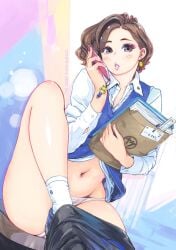 belly_button blush brown_eyes brown_hair character_request earrings looking_at_viewer on_the_phone panties skirt_removed socks thick_thighs viewed_from_below work_uniform workplace xiao_woo