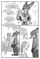 2017 akiric anthro barefoot black_and_white bottomless canine carrying clothed clothing comic disney duo female finger_snap fox greyscale hand_on_hip judy_hopps lagomorph male mammal monochrome necktie nick_wilde rabbit straight zootopia