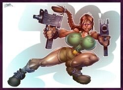 big_breasts breasts brown_hair busty curvy female gun huge_breasts lara_croft legs nipples nipples_visible_through_clothing solo solo_female strong_legs thick_penis thick_thighs tomb_raider visible_nipples wagner wide_hips