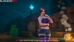 1girls alcaudonart big_breasts campfire crop_top emma_myers flower_in_hair forest house jeans jenny_belle_(slipperyt) looking_at_viewer minecraft striped_legwear talking_to_viewer