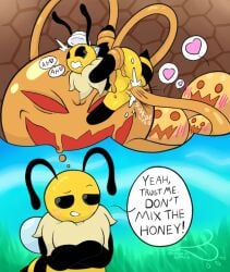 abomihoney ahoneynation_(bug_fables) antennae_(anatomy) anthro arthropod arthropod_abdomen bee blushing_at_viewer bodily_fluids bug_fables chest_tuft cum cum_in_pussy cum_inside dialogue female fur genital_fluids genitals goo_creature goo_tentacles group heart_symbol hymenopteran insect_wings insects looking_pleasured moonsprout_games penetration pussy restrained restrained_by_tentacles sex speech_bubble tentacle tentacle_in_pussy tentacle_penetration thirstspace tuft vaginal_penetration vaginal_penetration vi_(bug_fables) voyeur wings