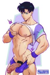 abs bara big_pecs bishoujo_senshi_sailor_moon black_hair blue_eyes clothed clothing crop_top erect_penis erection male male_focus male_only mamoru_chiba muscular muscular_male nipples pants_down pecs penis_out phausto pubes pubic_hair shorts solo solo_male veiny_penis