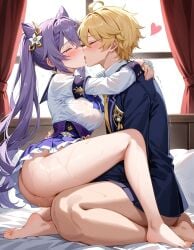 1boy 1girls aether_(genshin_impact) ai_generated horny_female keqing_(genshin_impact) kissing long_hair mihoyo pleasure_face sex straight