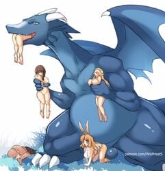 5girls balls big_balls blue_dragon_(animal) blue_skin cum cum_in_pussy cum_inside dragon feral feral_dragon hard_vore human kurohime_(artist) lagomorph lethal_vore mammal micro_on_macro nude oral_vore penetration scalie simple_background vore