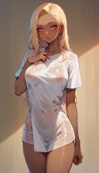 ai_generated blonde_hair dark_skin large_breasts long_hair navel nipples nipples_visible_through_clothing see-through see-through_clothing shirt_only standing thighs