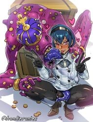 2boys atlus bad_end blue_hair blush bulge captured captured_hero clothed_male dark-skinned_femboy dark-skinned_male dark_skin defeat defeated defeated_hero double_v femboy femboysub heterochromia honkeronies_(artist) hypnosis interspecies licking long_tongue male male_only metaphor:_refantazio mimic mimic_chest mind_control monster on_all_fours peace_sign pink_eyes precum precum_drip questionable_consent red_eyes red_sclera spread_legs staff tongue_out tusks white_background will_(metaphor:_refantazio) yaoi