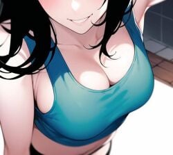 1girl ai_generated ai_mirror big_breasts bitch breasts curvy dark_hair female navel rn selfie sexy slut smile sports_bra waist white_skin