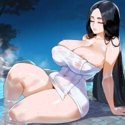 ai_generated bleach closed_eyes creamy_ai curvy hot_spring large_breasts legs_in_water mature_female milf mommy nipples thick_thighs towel unohana_retsu