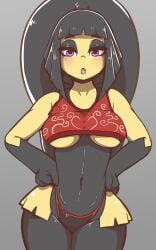 1girls anthro belly_button black_hair clothed clothed_female clothing digital_drawing_(artwork) digital_media_(artwork) eyelashes eyeshadow female female_focus female_only half-closed_eyes half-dressed half_naked hands_on_hips hips mawile multicolored_body navel nintendo open_mouth original_character pinup pokemon pokemon_(species) pose posing pulling_panties purple_eyes quin-nsfw short_hair small_breasts solo solo_female solo_focus standing teeth tongue underboob