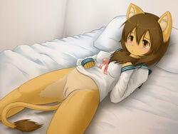 animal_ears bed blush breasts edit embarrassed female female furry indoors ka_(pixiv341010) kagerofu lion lion_ears lion_tail lying orange_eyes pillow pussy ribbon school_uniform solo tail