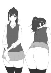 ass bent_over female mordi ponytail presenting skirt skirt_lift thighhighs vest