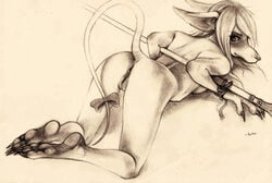 anthro anus arched_back ass bound bow burmecian claws female final_fantasy final_fantasy_ix freya_crescent fuchs looking_at_viewer looking_back mammal monochrome nude paws plantigrade presenting pussy raised_tail rodent simple_background solo square_enix toe_claws video_games