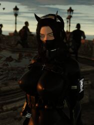 3d 3d_(artwork) arm_band axe black_bodysuit black_hair black_headwear black_horns black_mask blender blender_(software) blender_eevee bodysuit bracelet cat_eyes choker cross_earrings cross_necklace earrings eyeliner face_mask grenade hair_bun harness headband high_heels horns huge_breasts lady_x_(osimai) leg_band lip_piercing lip_ring long_boots long_gloves looking_at_viewer looking_away mask masked_female mole mole_above_mouth mole_under_eye necklace nose_piercing nose_ring original_character osimai silver_armlet silver_bracelet silver_choker skin_tight sunset vampire_teeth wavy_hair yellow_eyes