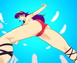 1girls ass athena_asamiya athletic athletic_female between_legs big_ass bikini blue_eyes clothed female firm_ass from_above from_below headband king_of_fighters legs_spread light-skinned_female light_skin long_hair looking_at_viewer looking_down metal open_mouth pale-skinned_female pale_skin panties pov princess_athena purple_hair sky snk_heroines:_tag_team_frenzy spread_legs standing voluptuous voluptuous_female