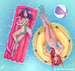 flower_in_hair golden_eyes league_of_legends lizard neeko nude nude_female patreon_username pool_ball pool_ring red_hair riot_games starli swimming_pool tail water xayah