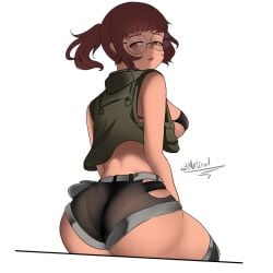 1girls ass big_breasts bikini_top breasts brown_hair fio_germi glasses looking_at_viewer looking_back metal_slug nntir3d_(artist) ponytail shorts sitting teeth_showing vest white_background