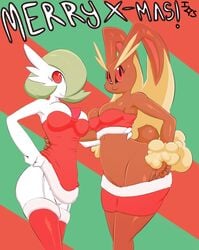 2girls animal_ears anthro ass bare_shoulders black_eyes breasts christmas cleavage clothed clothes_lift clothes_pull clothing colored_sclera creatures_(company) diamond_(shape) english_text female fur-trimmed_skirt fur_trim furry game_freak gardevoir garter_straps gen_3_pokemon gen_4_pokemon green_background green_hair hair_over_one_eye hand_on_hip highres holidays immortalstar lifted_by_self lingerie lopunny medium_breasts miniskirt multiple_girls navel nintendo pokemon pokemon_(creature) pokemon_(game) pokemon_(species) pokemon_dppt pokemon_rse pussy rabbit_ears rabbit_tail red_background red_eyes red_legwear red_sclera red_skirt red_tube_top short_hair signature skirt skirt_lift skirt_pull sleeveless smile standing strapless tail text_focus thighhighs tube_top uncensored underwear video_games zettai_ryouiki