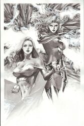 2girls big_breasts clothed emma_frost female female_only jean_grey long_hair marvel marvel_comics monochrome philip_tan phoenix_(x-men) standing traditional_media_(artwork) visible_nipples white_queen x-men