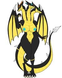 2017 3_heads andrea_lexin anthro big_breasts blue_nipples blue_pussy breasts dragon female hydra looking_at_viewer multi_head nipples nnecgrau pinup pose pussy scalie solo standing thick_thighs wide_hips wings yellow_body