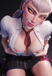 3d areolae blender blouse_lift enji3d evelynn league_of_legends medium_breasts nipples open_blouse skirt white_hair