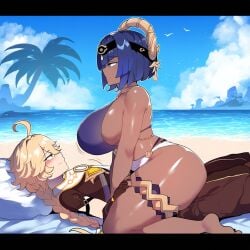 1boy 1girls aether_(genshin_impact) ai_generated big_breasts candace_(genshin_impact) fat_ass horny_female long_hair mihoyo pleasure_face sex straight thick_thighs