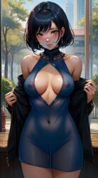 ai_generated bare_shoulders big_breasts black_hair blue_dress blush dress large_breasts navel nipples nipples_visible_through_clothing see-through see-through_clothing short_hair taking_clothes_off taking_off_jacket thighs