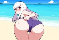 1girls ai_generated ass_focus beach big_ass bikini fire_emblem fire_emblem:_three_houses lysithea_von_ordelia novelai solo_female sweat